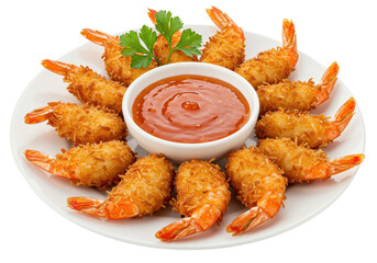 Isolated Plate of Crispy Coconut Shrimp with Sweet Chili Sauce