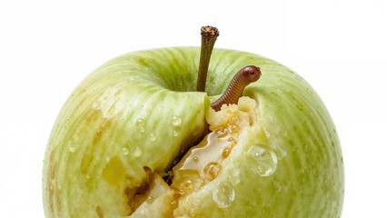 Half-eaten green apple isolated on a white background.
