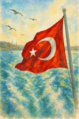 Turkish Flag over Bosphorus &ndash; My Original Photo with AI Enhanced 