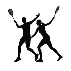  black silhouette of a mixed doubles badminton team in dynamic pose with rackets