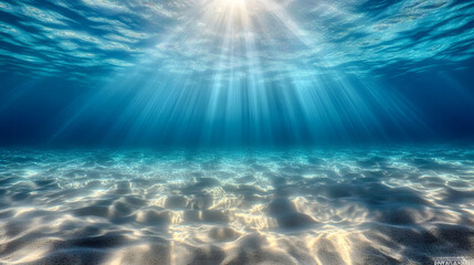 Underwater Sunbeams: Sunlight streams through the crystal-clear ocean water, illuminating the sandy seabed in a breathtaking underwater scene.  