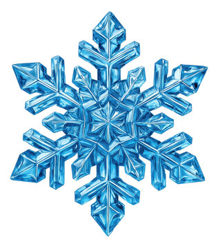 Detailed blue crystal snowflake with geometric patterns on transparent background.