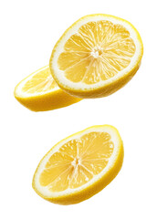 Fototapeta premium PNG 3 lemon slices flying in the air fruit floating produce.