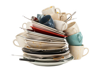 Isolated Stack of Dirty Dishes with Plates, Cups, and Silverware