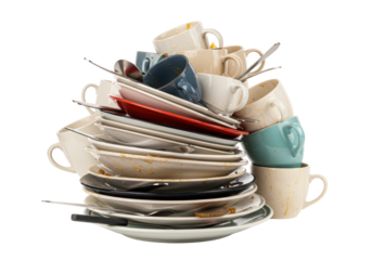 Isolated Stack of Dirty Dishes with Plates, Cups, and Silverware