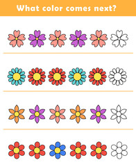 What color comes next? Educational logic game for kids with cute flowers illustration. Worksheet for children.