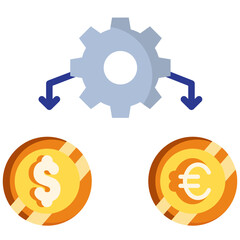 Made in uk gear connected to dollar and euro coins symbolizing global trade vector icon flat style.