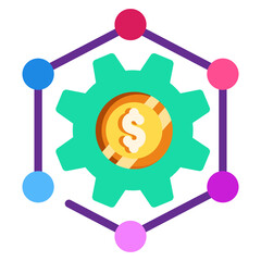 Made in uk a gear vector icon flat style with a dollar sign inside connected to six circles symbolizes interconnected business growth.