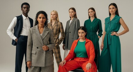 Fototapeta premium Inclusive fashion group- diverse body types and ethnicities in coordinated outfits
