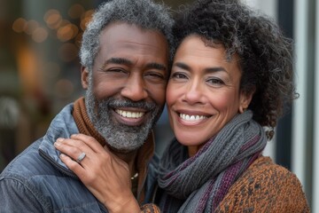 Portrait of a smiling mixed race couple in their 50s looking at the camera
