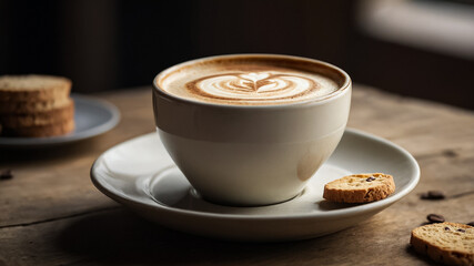 Aesthetic cappuccino in a ceramic cup, captured at eye-level on rustic wooden table