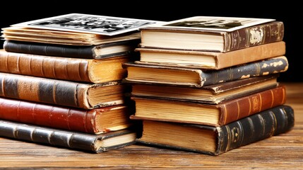 Old hardcover and paperback books stacked on a wooden surface with a dark background