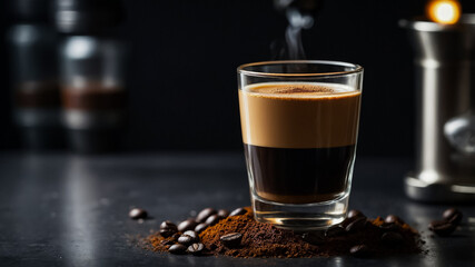 Espresso shot with crema in a clear glass, captured at eye-level on black stone counter