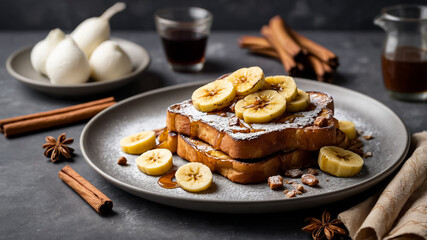French toast with powdered sugar and caramelized banana, top-down flat lay food photography on slate gray surface