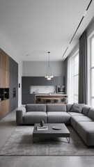Fototapeta premium Modern minimalist living room with integrated kitchen and neutral color palette