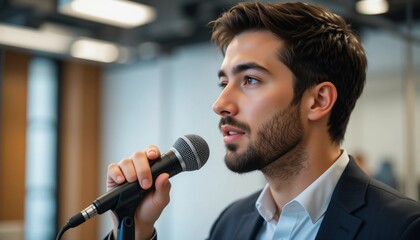 Confident Young Businessman Speaking into Microphone at Conference