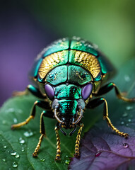 Naklejka premium macro photo of a jewel beetle with iridescent green and gold shell, symmetrical portrait angle, dewdrops on surface,