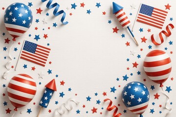 Festive fourth of july background with balloons and fireworks
