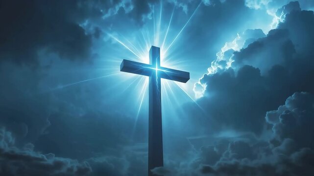 Religious blue cross symbol against a cloudy sky illuminated by a light source shining through the clouds ideal for topics of faith.
