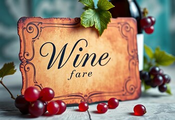 Aged, ornate wine card with elegant script and grapevine detail, wine tasting, wine