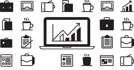 Business and finance icons with laptop displaying a growing financial graph in minimal style