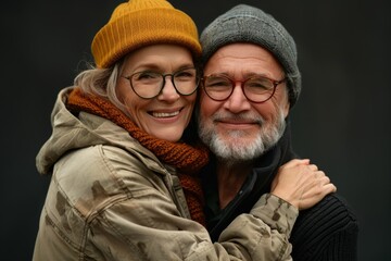 Portrait of a glad caucasian couple in their 50s hugging each other