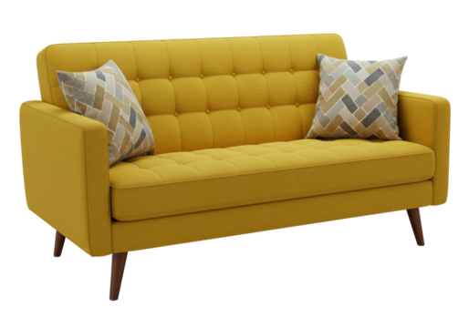 Isolated Mustard Yellow Sofa with Patterned Pillows