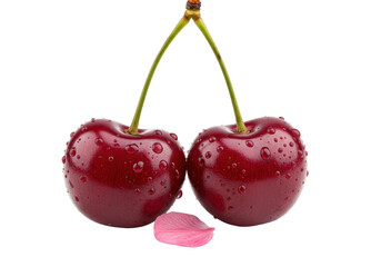 Isolated Cherries with Water Droplets and Blossom Petal