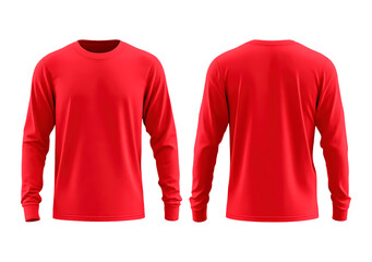 Red long-sleeve t-shirt front and back view on transparent background, PNG