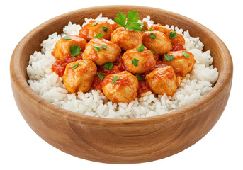 Isolated Chicken Meatballs in Tomato Sauce over Rice
