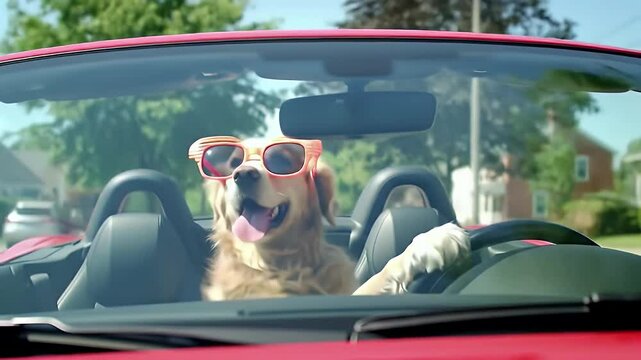 Golden Retriever Driving a Red Convertible