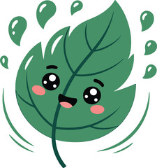 Obraz premium Adorable kawaii leaf character with cheerful expression and water droplets isolated on white