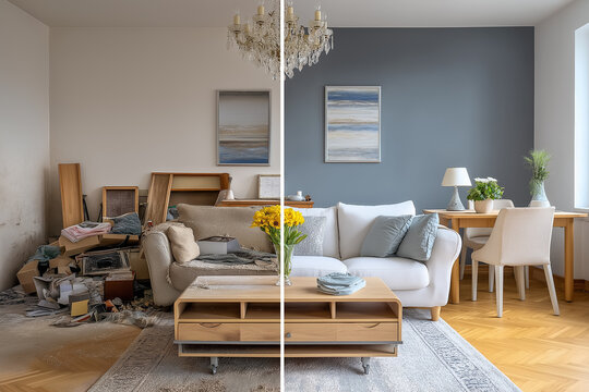 Living room transformation highlights stylish renovation with neutral decor and fresh flowers. Light-filled space with contrasting walls and updated furnishings