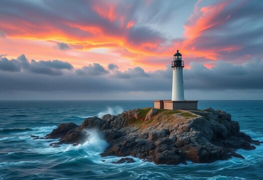 Lighthouse standing tall on a rocky island, surrounded by crashing waves, dramatic sky,  clouds,  scenic