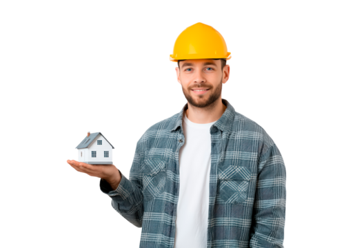 Young man holding house model wearing yellow hard hat on transparent background, PNG