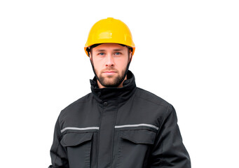 Portrait of a construction worker in protective gear suitably attired for safety and construction industry on transparent background, PNG