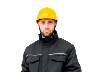 Portrait of a construction worker in protective gear suitably attired for safety and construction industry on transparent background, PNG