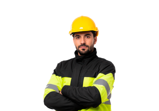 Confident construction worker in safety gear with yellow helmet on transparent background, PNG