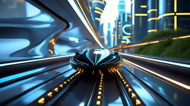 Futuristic high-speed vehicle on sleek elevated track in glowing smart city with blue and gold lights, curved architecture, and greenery

