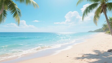 Obraz premium Sunny Tropical Beach with Palm Trees and Crystal Clear Waters