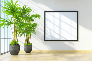 Minimal wooden black picture poster frame mockup on white wallpaper