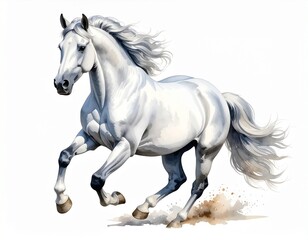 Obraz premium A powerful white horse running on white background, its mane flowing and hooves kicking up dust
