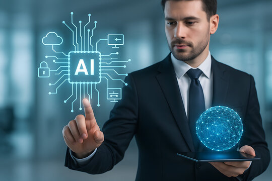 Businessman Interacting with AI Technology and Holographic Interface