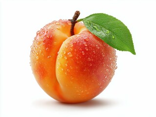 A single apricot with water droplets and a green leaf isolated on a white background in a studio shot