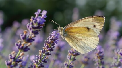 Naklejka premium A field of lavender with a lone butterfly resting on a flower, delicate wings shimmering, shallow depth of field