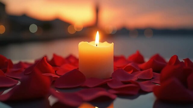 A flickering candle surrounded by red rose petals glows warmly against a romantic sunset backdrop ideal for conveying love or remembrance.