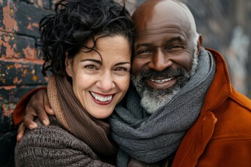 Portrait of a smiling multicultural couple in their 50s hugging each other