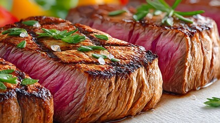 Realistic Beef Steak with Juicy Texture and Garnish, Captured in Watercolor Style