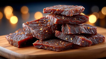 Realistic Sketch of Freshly Prepared Beef Jerky on a Wooden Board with Artistic Lighting