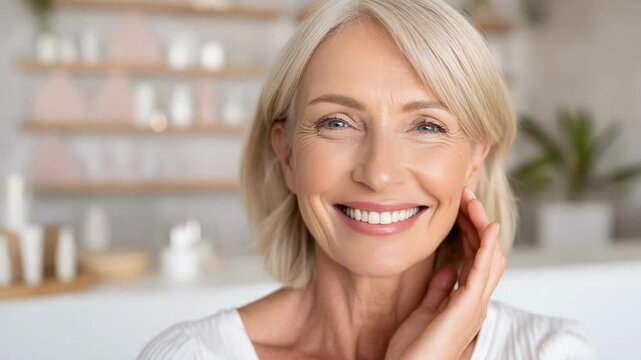 Older woman gently touching her face with a confident smile in a bright, clean bathroom, promoting skincare and self-love.
